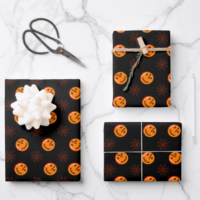 Halloween Mummy Pumpkin Spider Webs Wrapping Paper Sheet (Front)