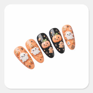 Halloween Nails Black Orange - Cute Ghost Pumpkin  Square Sticker