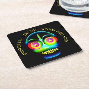 Halloween Name Year Neon Look Glow Blue Skull Square Paper Coaster
