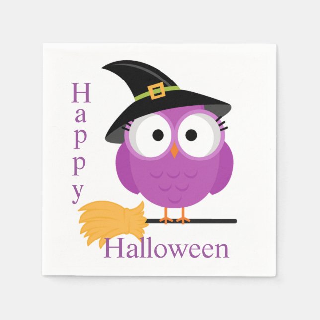 Halloween Napkin/Owl with Witch's Hat and Broom Napkin (Front)