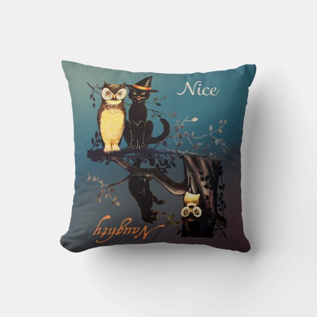 Halloween Naughty ou Nice Coussin - Chat et hibou (Recto)