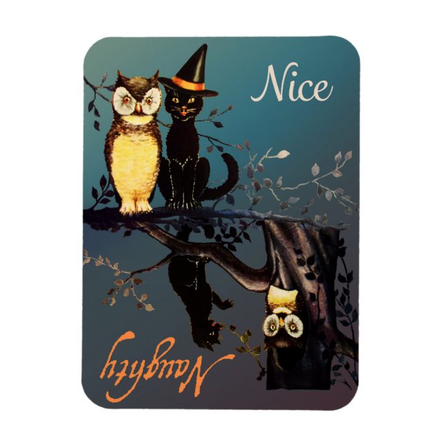 Halloween Naughty ou Nice Magnet | Chat et hibou (Vertical)