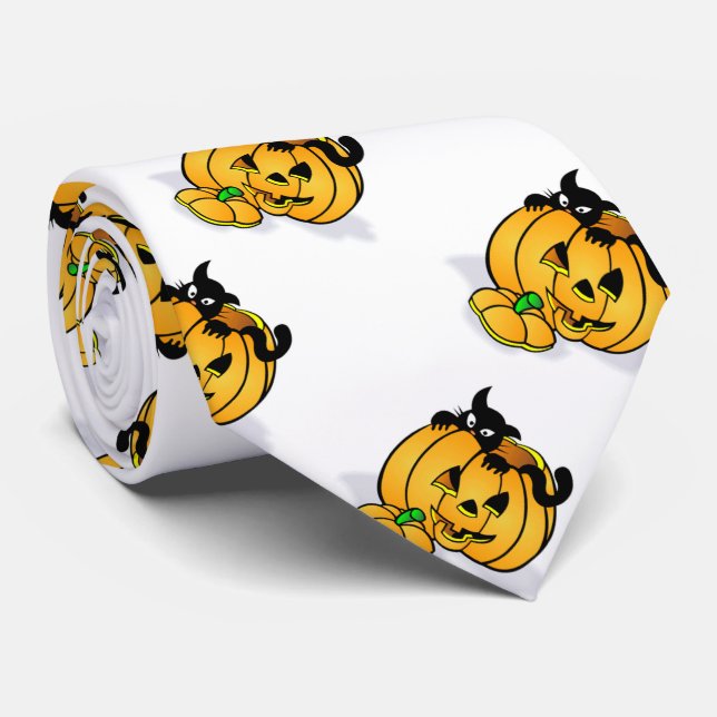 Halloween Necktie/Pumpkin and Black Cat Tie (Rolled)