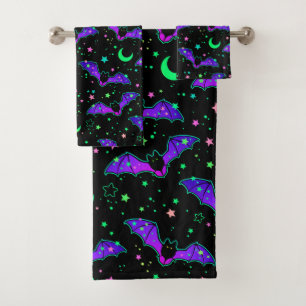 Halloween Neon Bats, Moons and Stars Bath Towel 