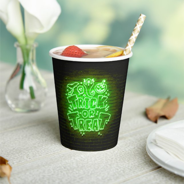 Halloween Neon Glow Look Green Trick Treat Party Paper Cups (Insitu)