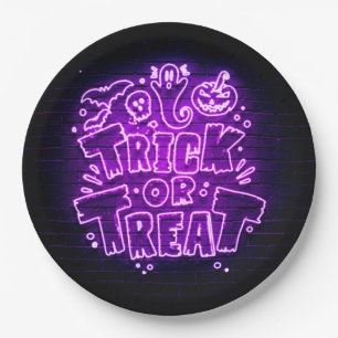 Halloween Neon Glow Look Purple Trick Treat Party Paper Plate