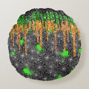 Halloween Neon Green Spiders Round Pillow