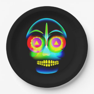 Halloween Neon Look Glow Blue Yellow Skull 9"      Paper Plate