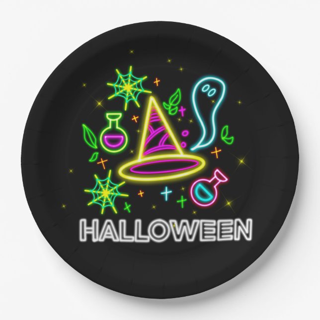 Halloween Neon Look Hat Ghost Web Party 9" Paper Plate (Front)