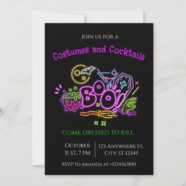 Halloween Neon Party Invitation Ghosts & Pumpkins (Front)