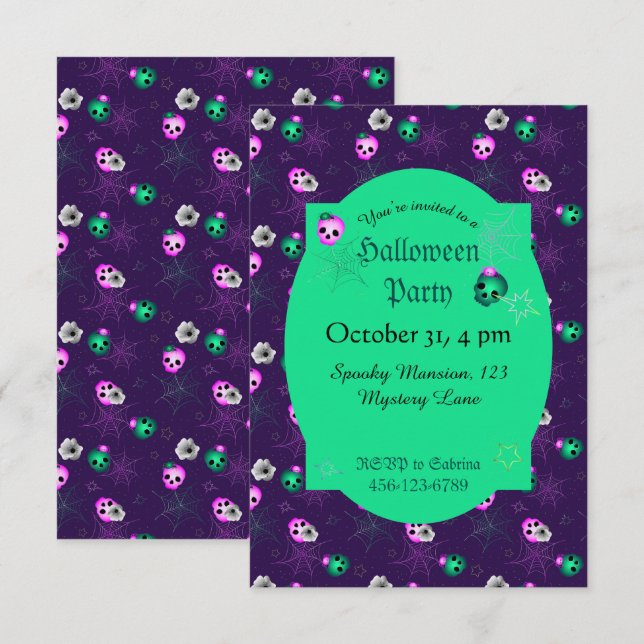   Halloween Neon Pink and Green Glowing Skulls Inv Invitation (Front/Back)