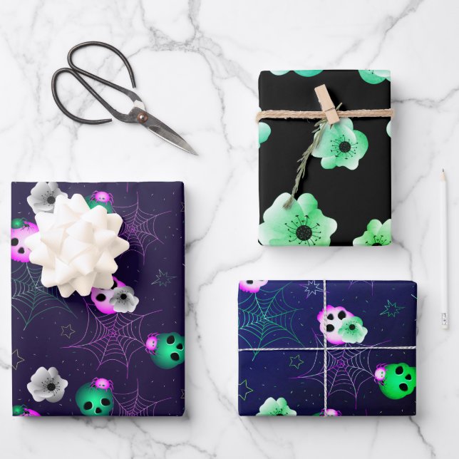   Halloween Neon Pink and Green Glowing Skulls Wra Wrapping Paper Sheet (Front)