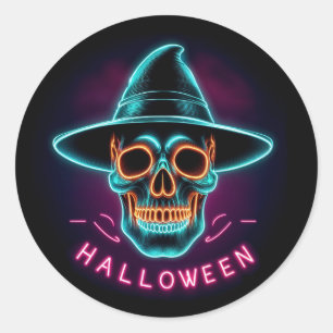 Halloween neon skull classic round sticker