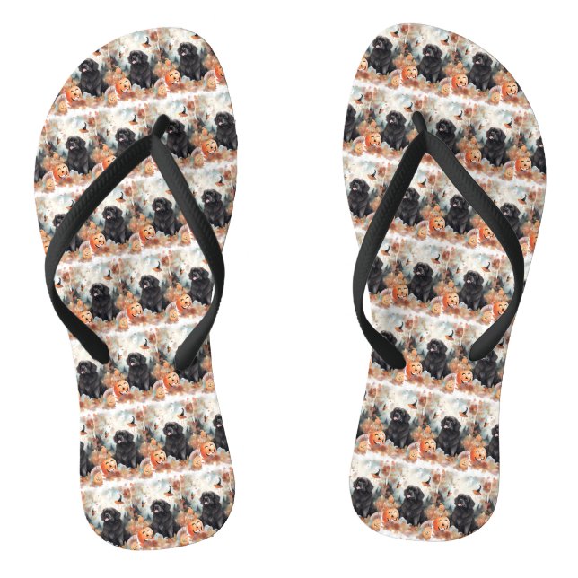 Halloween Newfoundland With Pumpkins Scary  Flip Flops (Footbed)