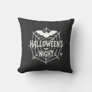 Halloween Night Bat Spider Web Vector Design_1 Throw Pillow