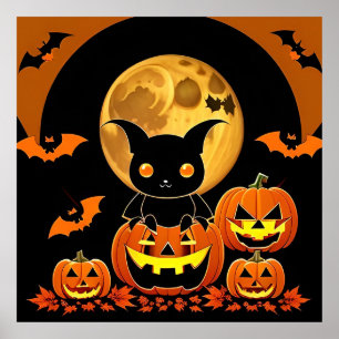 Halloween Night Cartoon Bats Pumpkins Full Moon Poster