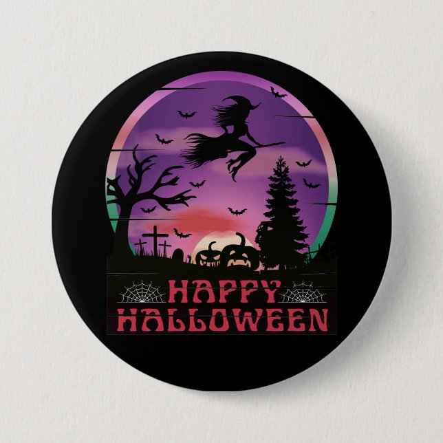 HALLOWEEN NIGHT GRAVEYARD WITCH 3 INCH ROUND BUTTON (Front)