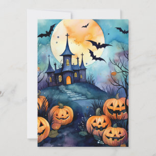 Halloween Night Jack O’Lanterns Bats Full Moon Holiday Card