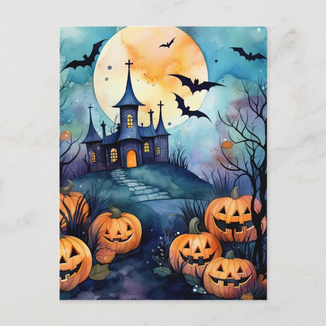 Halloween Night Jack O’Lanterns Bats Postcard (Front)