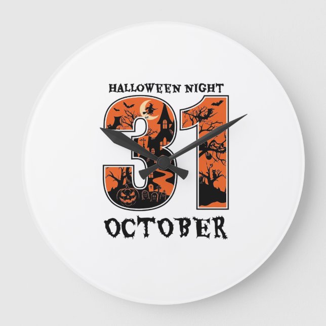 Halloween Night October Haunted House Witch Pumpki Large Clock (Front)
