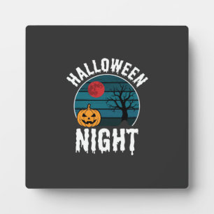 Halloween Night Pumpkin Tree Vector Plaque