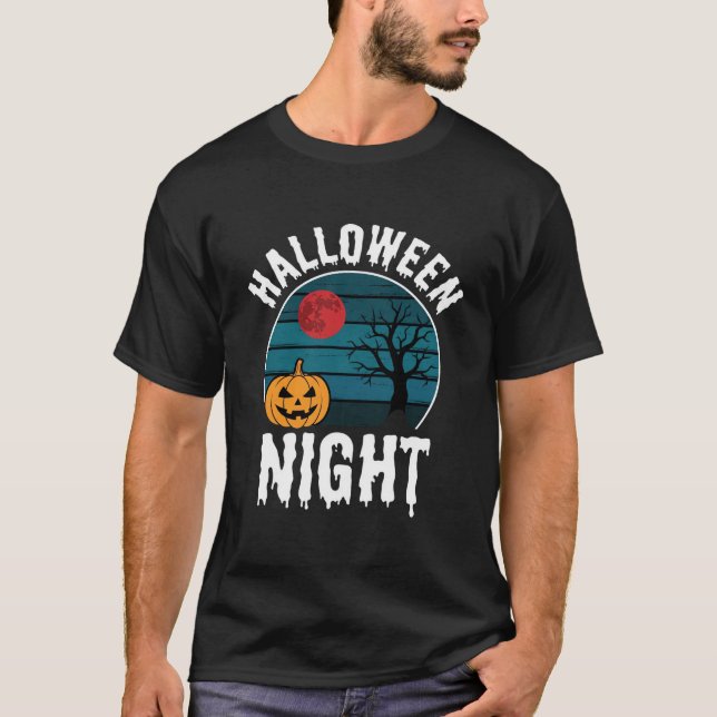 Halloween Night Pumpkin Tree Vector T-Shirt (Front)