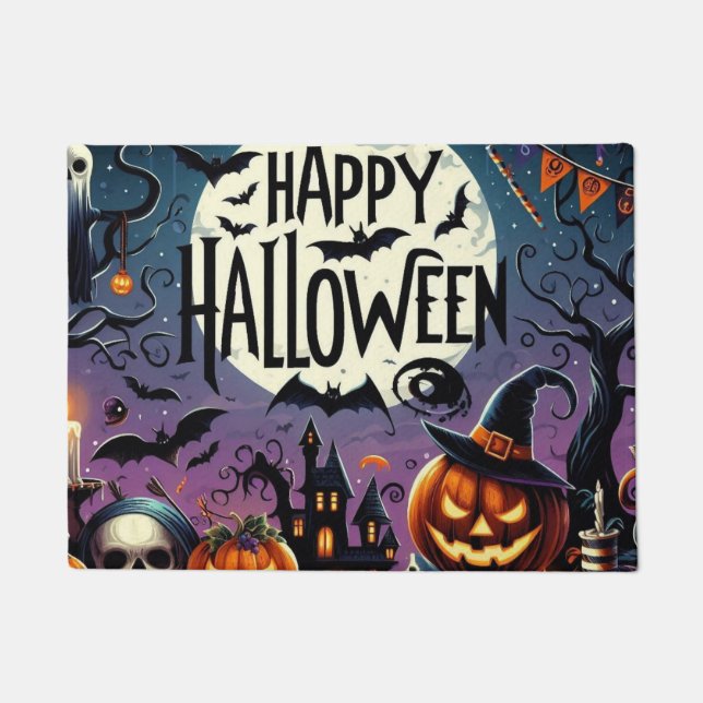 Halloween Night Pumpkins, Skulls & Haunted House Doormat (Front)