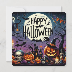 Halloween Night Pumpkins, Skulls & Haunted House Invitation
