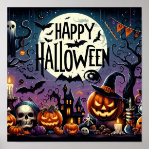 Halloween Night Pumpkins, Skulls & Haunted House Poster