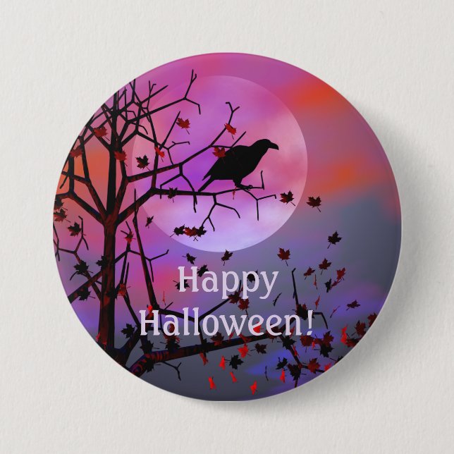 Halloween Night Raven in Tree 3 Inch Round Button (Front)