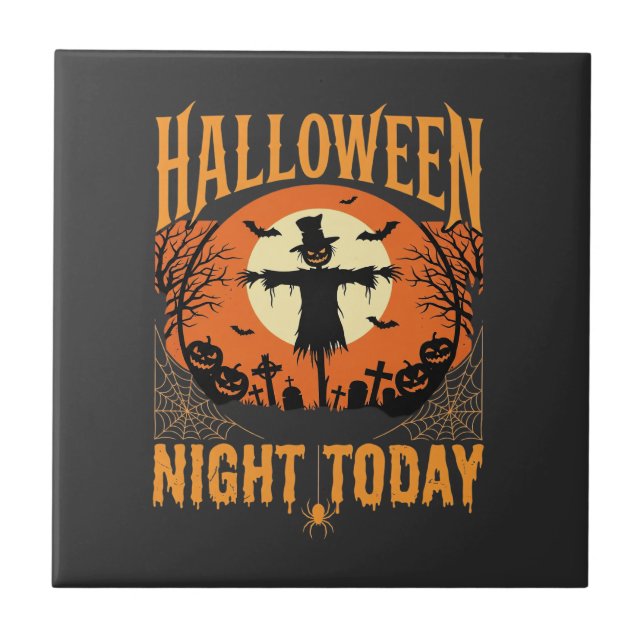 Halloween Night Scarecrow Graveyard Vintage Vector Tile (Front)