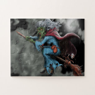 Halloween Night Scary Flying Witch Skull Jigsaw Puzzle