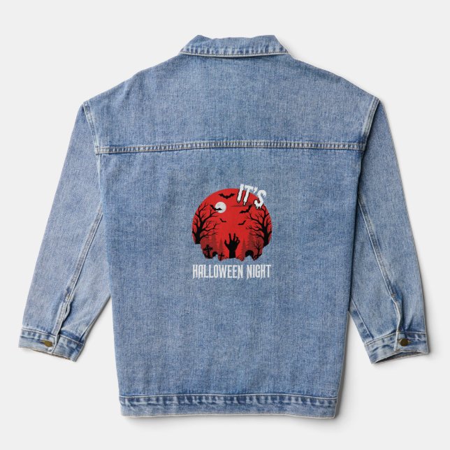 Halloween Night Spooky Graveyard Vector Denim Jacket (Back)