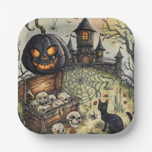 Halloween Night :The Scary Black Pumpkin Guards Paper Plate