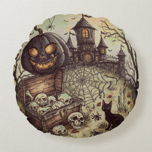 Halloween Night :  The Scary Black Pumpkin Guards  Round Pillow