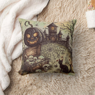 Halloween Night :  The Scary Black Pumpkin Guards  Throw Pillow
