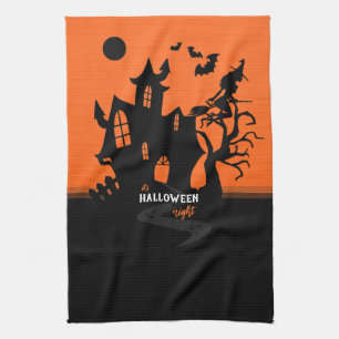 Halloween Night Witch and Bats Hunted House Kitchen Towel