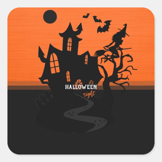 Halloween Night Witch and Bats Hunted House Square Sticker (Front)