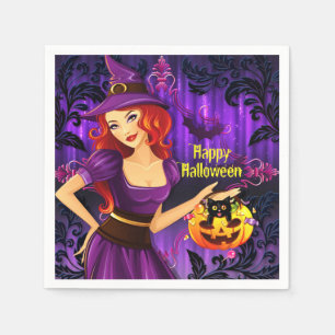 Halloween Night Witch Pumpkin And Black Cat Paper Napkin