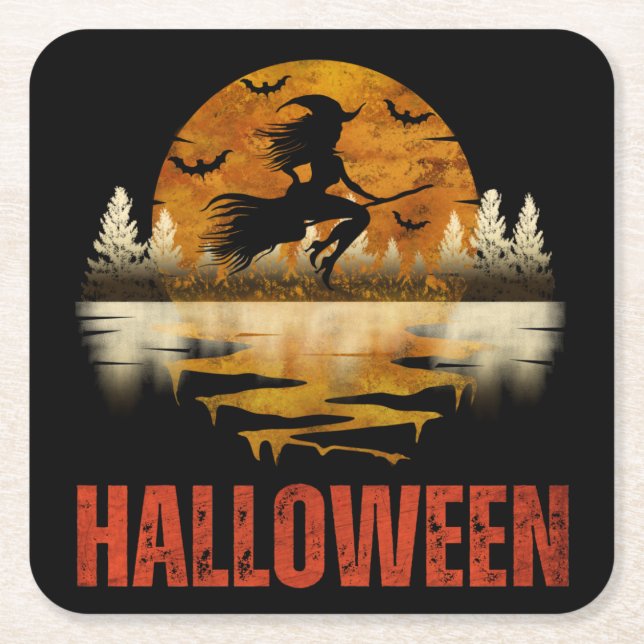 HALLOWEEN NIGHT WITCH SQUARE PAPER COASTER (Front)