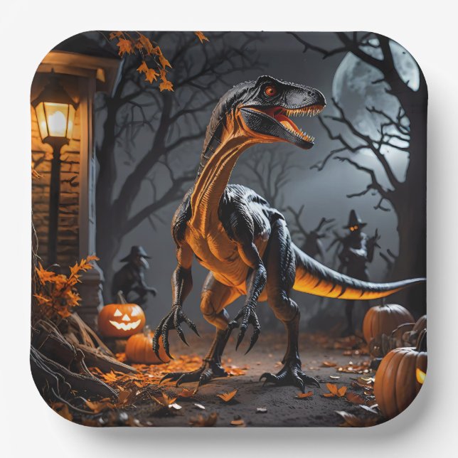Halloween Night With A Velociraptor Paper Plate (Front)