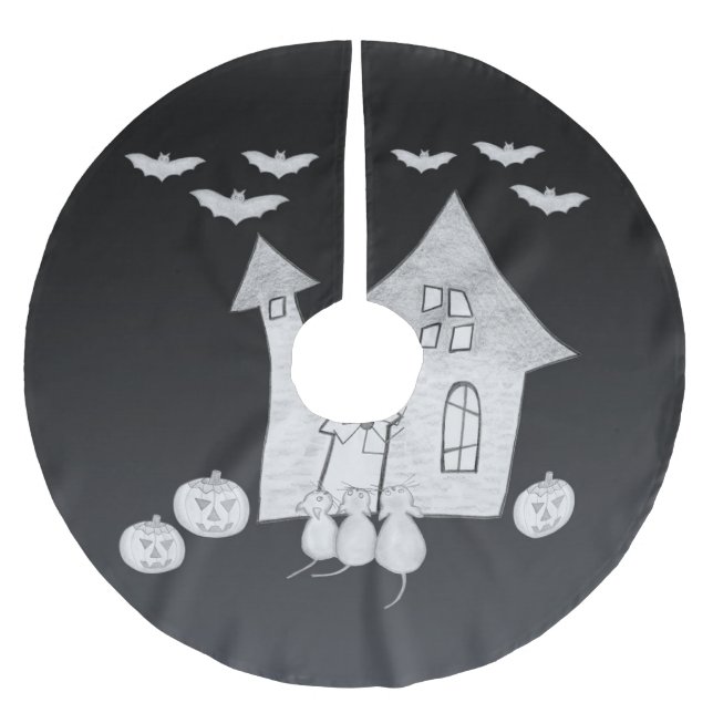 Halloween night with Haunted House, Bats, Pumpkins Brushed Polyester Tree Skirt (Front)