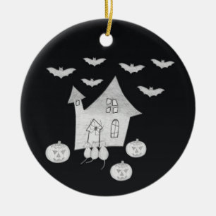 Halloween night with Haunted House, Bats, Pumpkins Ceramic Ornament