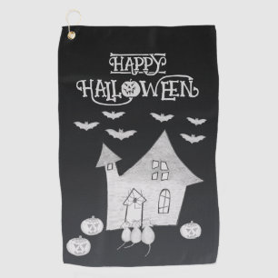 Halloween night with Haunted House, Bats, Pumpkins Golf Towel