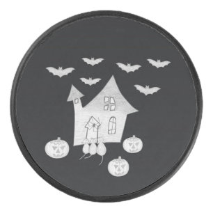 Halloween night with Haunted House, Bats, Pumpkins Hockey Puck