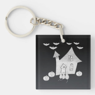 Halloween night with Haunted House, Bats, Pumpkins Keychain