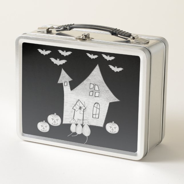 Halloween night with Haunted House, Bats, Pumpkins Metal Lunch Box (Front)