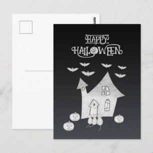 Halloween night with Haunted House, Bats, Pumpkins Postcard