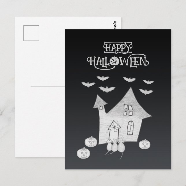 Halloween night with Haunted House, Bats, Pumpkins Postcard (Front/Back)
