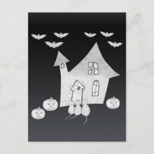 Halloween night with Haunted House, Bats, Pumpkins Postcard